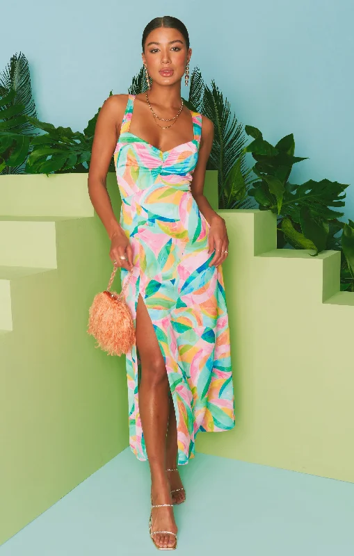 Midi dresses with wrap - around skirts for a customizable fit Mina Midi Dress ~ Tropicana Burst Luxe Satin Midi dresses with wrap - around skirts for a customizable fit Mina Midi Dress ~ Tropicana Burst Luxe Satin