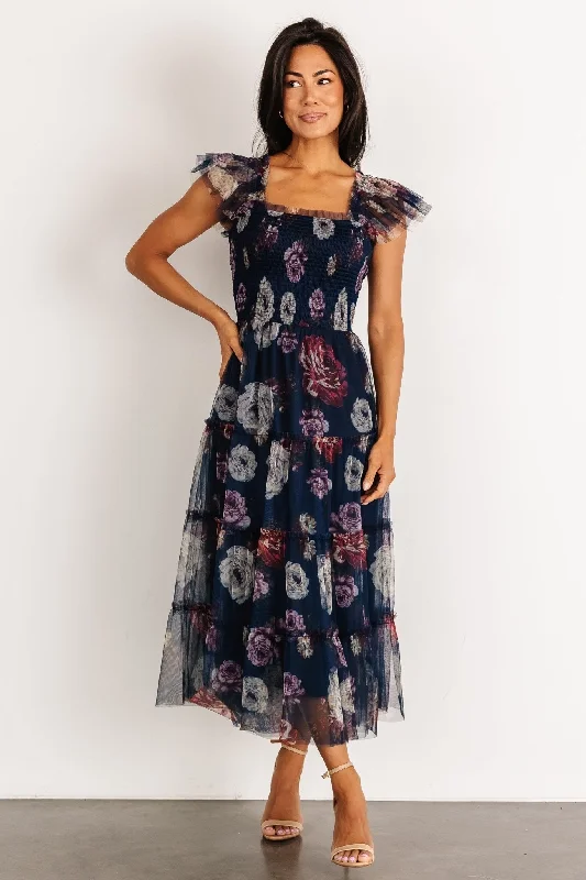 Midi dresses with cotton - blend materials for everyday comfort Clementine Tulle Midi Dress | Navy Floral Midi dresses with cotton - blend materials for everyday comfort Clementine Tulle Midi Dress | Navy Floral