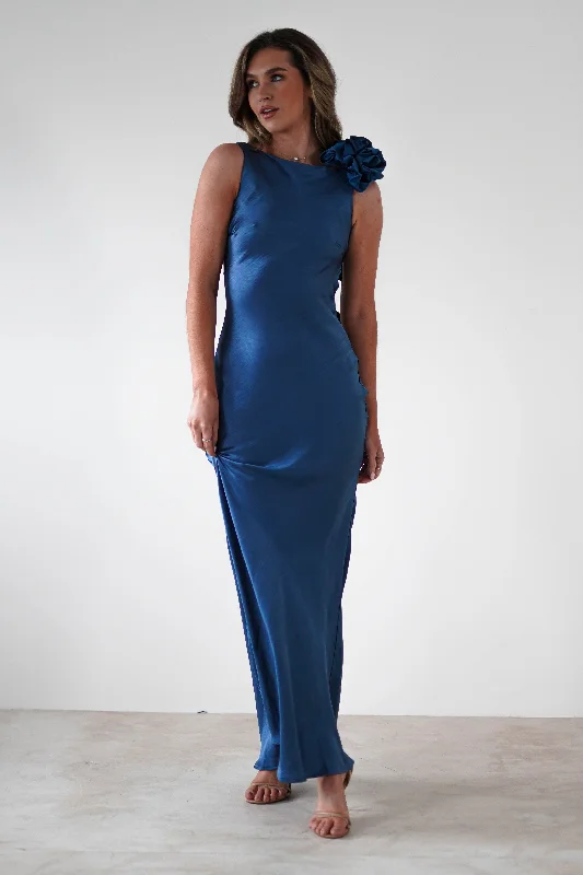 Midi dresses with tassel accents for a bohemian and free - spirited style Karley Soft Satin Maxi Dress | Slate Blue Midi dresses with tassel accents for a bohemian and free - spirited style Karley Soft Satin Maxi Dress | Slate Blue