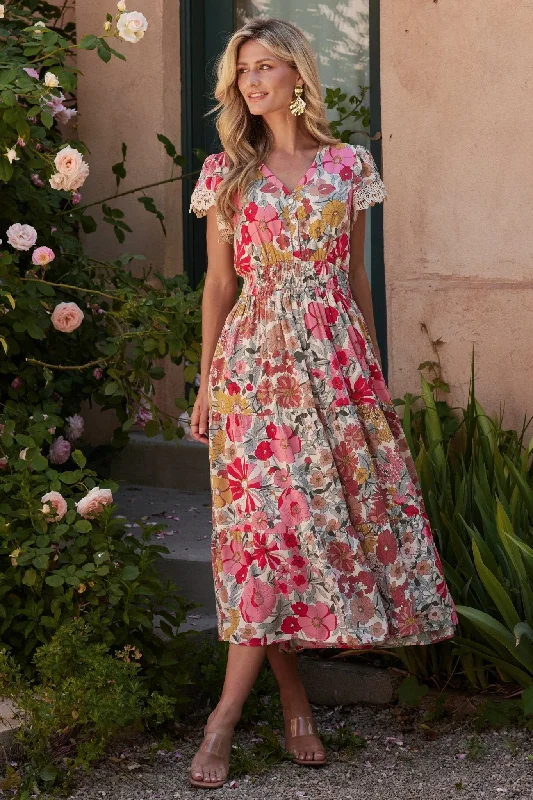 Midi dresses with button - down skirts for a unique and functional design Aliyah Midi Dress | Cream Multi Floral Midi dresses with button - down skirts for a unique and functional design Aliyah Midi Dress | Cream Multi Floral