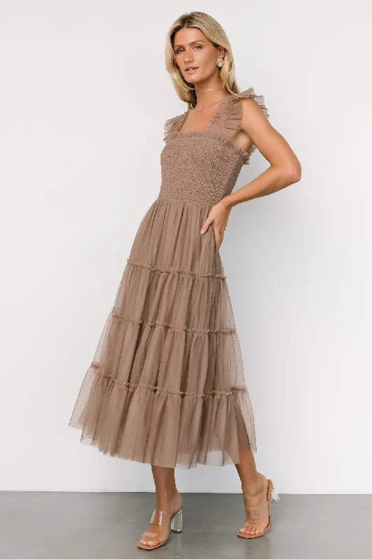 Midi dresses with wrap - around skirts for a customizable fit Emma Smocked Tulle Dress | Taupe Midi dresses with wrap - around skirts for a customizable fit Emma Smocked Tulle Dress | Taupe