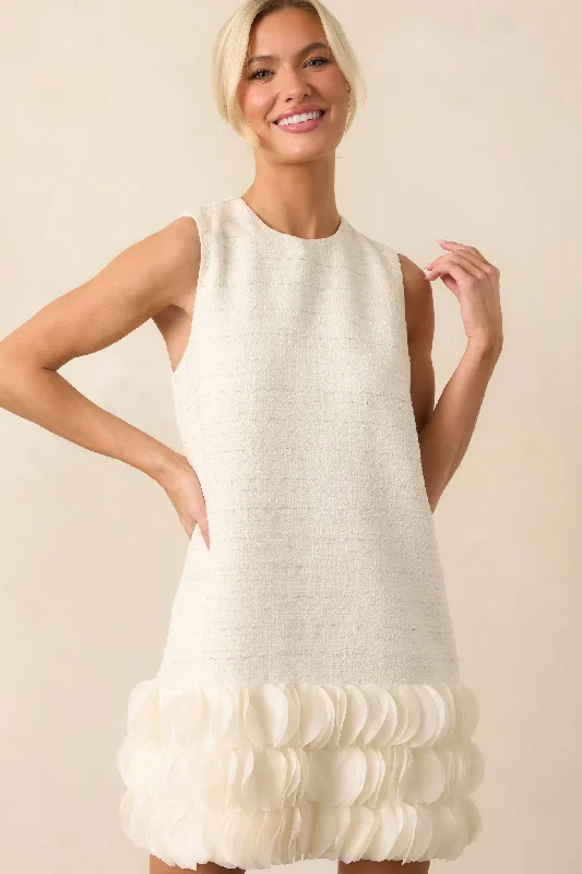 Mini dresses with belted waists for a defined silhouette The Rest Is History Ivory Tweed Sleeveless Mini Shift Dress Mini dresses with belted waists for a defined silhouette The Rest Is History Ivory Tweed Sleeveless Mini Shift Dress
