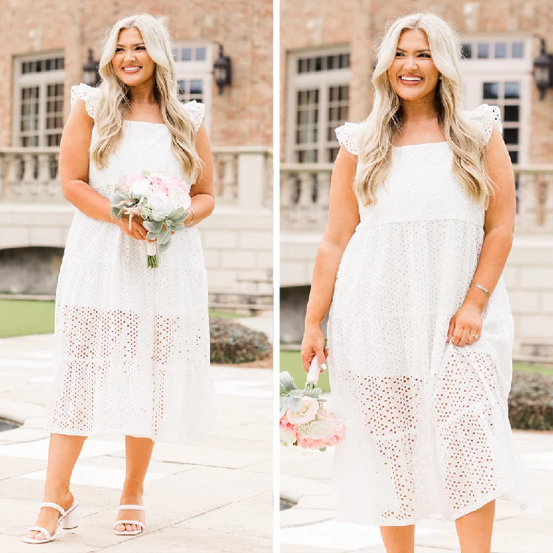 Midi dresses with ruffled hems for a romantic date night Lots To Love Dress, White