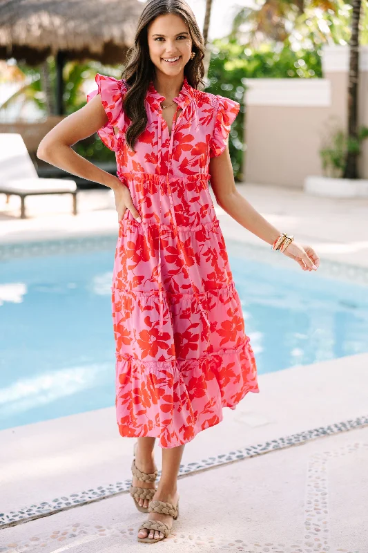Midi dresses with pom - pom trims for a playful and festive look Show You Off Rose Pink Floral Midi Dress Midi dresses with pom - pom trims for a playful and festive look Show You Off Rose Pink Floral Midi Dress