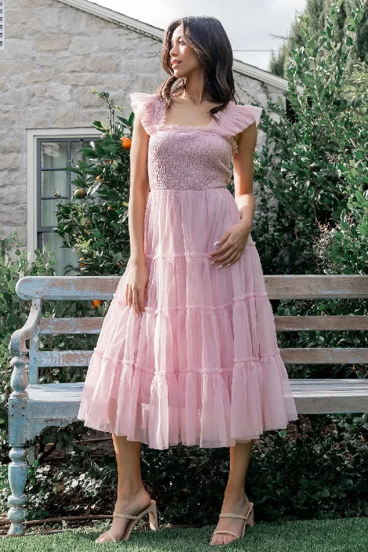 Midi dresses with patchwork patterns for a one - of - a - kind style Emma Smocked Tulle Dress | Mauve Midi dresses with patchwork patterns for a one - of - a - kind style Emma Smocked Tulle Dress | Mauve