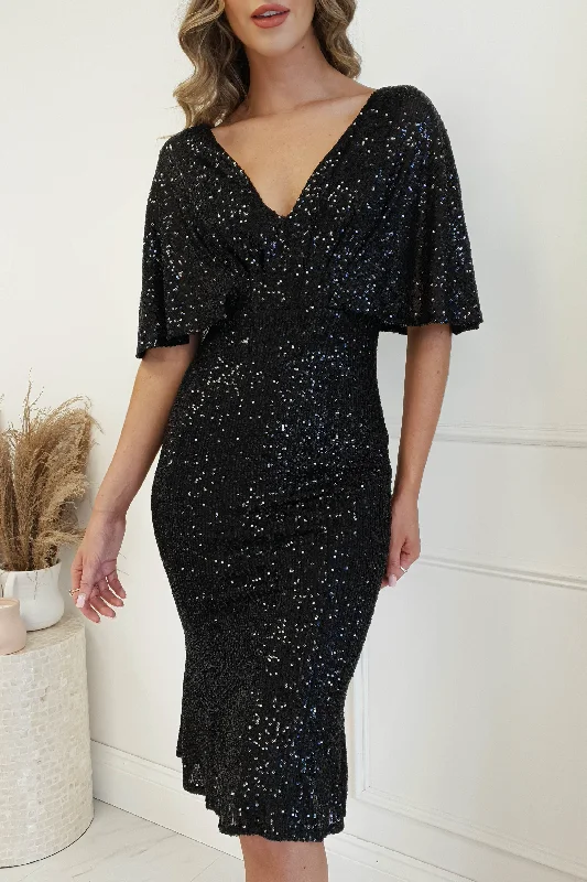 Midi dresses with embroidered accents for a unique and detailed design Alvara Sequin Midi Dress | Black Midi dresses with embroidered accents for a unique and detailed design Alvara Sequin Midi Dress | Black