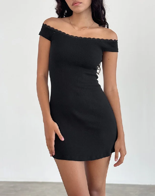 Mini dresses with button - down fronts Chana Off Shoulder Mini Dress in Black Rib with Lace Trim Mini dresses with button - down fronts Chana Off Shoulder Mini Dress in Black Rib with Lace Trim