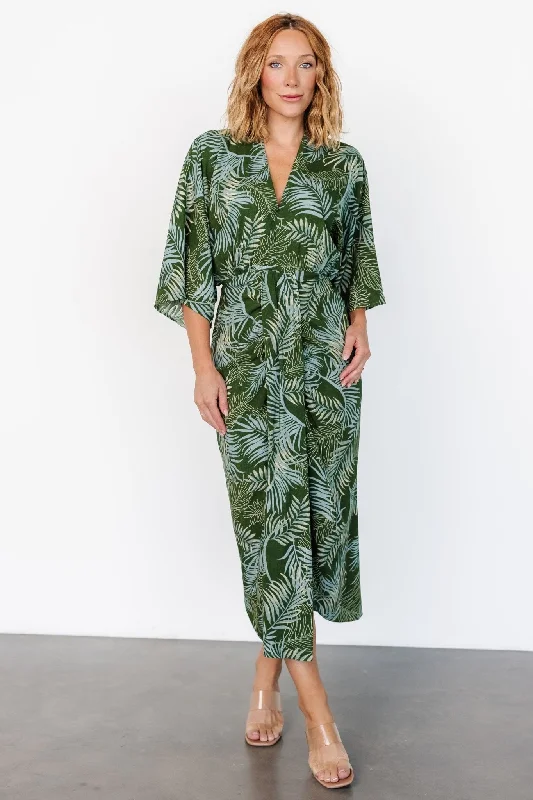 Midi dresses with patchwork patterns for a one - of - a - kind style Tula Kimono Dress | Green + Blue Print Midi dresses with patchwork patterns for a one - of - a - kind style Tula Kimono Dress | Green + Blue Print
