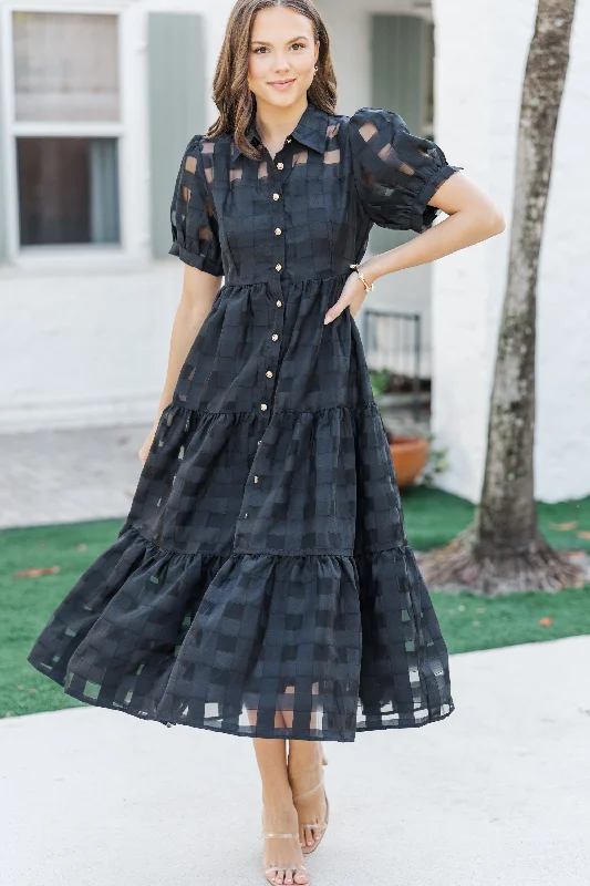 Midi dresses with empire waists for a flattering maternity option So Worth It Black Textured Button Down Midi Dress Midi dresses with empire waists for a flattering maternity option So Worth It Black Textured Button Down Midi Dress