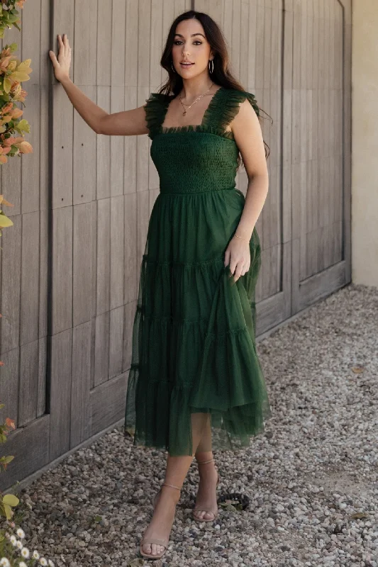 Midi dresses with tassel accents for a bohemian and free - spirited style Emma Smocked Tulle Dress | Green Midi dresses with tassel accents for a bohemian and free - spirited style Emma Smocked Tulle Dress | Green