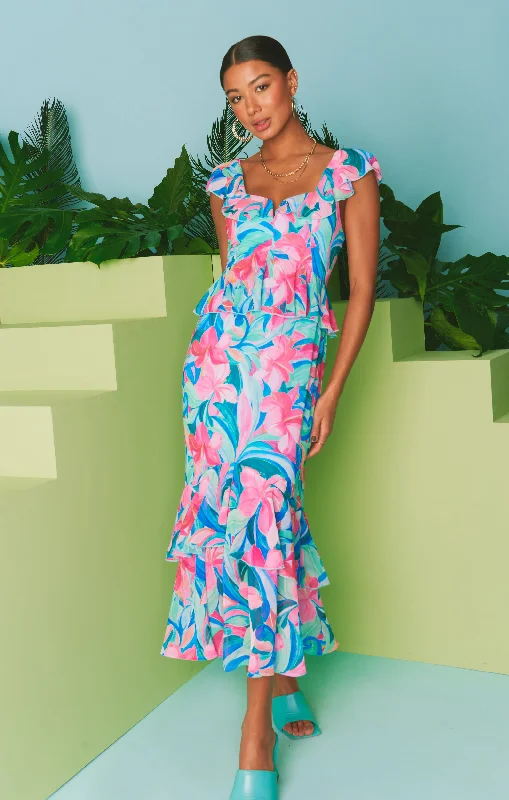 Midi dresses with geometric cutouts for a contemporary and edgy look Reese Ruffle Dress ~ Hibiscus Punch Crinkle