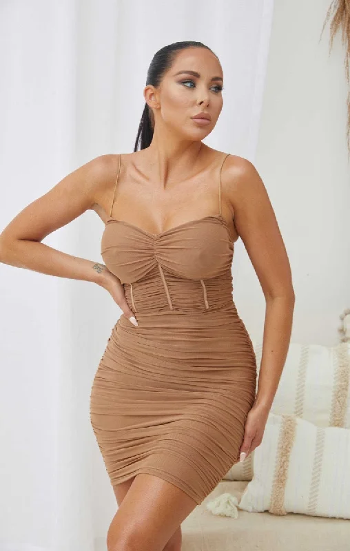 Mini dresses with pleated skirts for a classic look Mocha Mesh Ruched Sheer Panel Strappy Bodycon Mini Dress - Hester Mini dresses with pleated skirts for a classic look Mocha Mesh Ruched Sheer Panel Strappy Bodycon Mini Dress - Hester