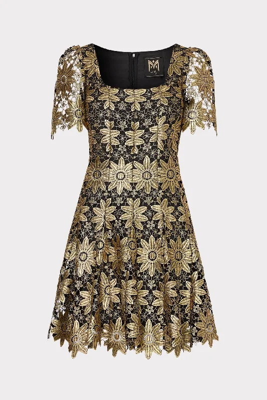 Satin mini dresses for a luxurious feel Ilisa Gold Lace Godet Mini Dress