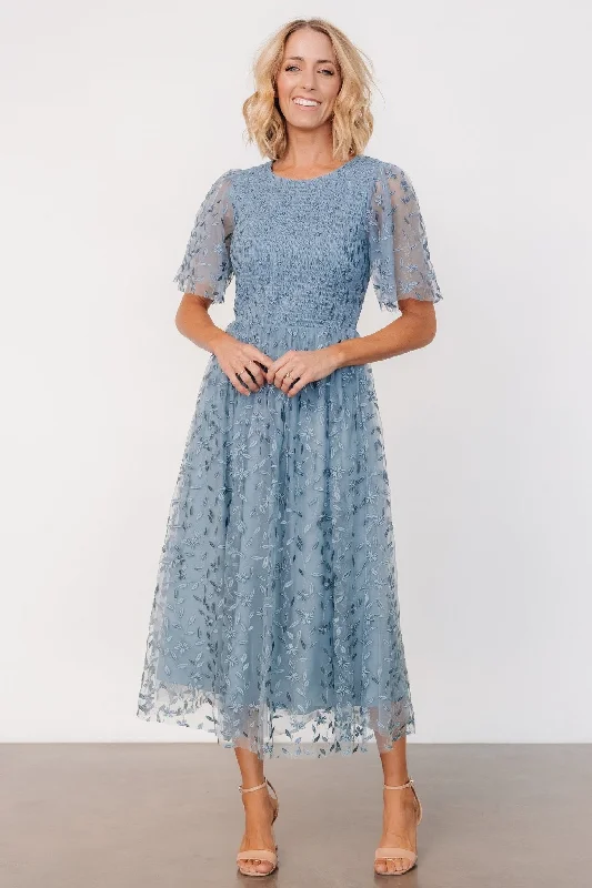 Midi dresses with asymmetric hems for a fashion - forward and dynamic appearance Kendra Embroidered Dress | Dusty Blue Midi dresses with asymmetric hems for a fashion - forward and dynamic appearance Kendra Embroidered Dress | Dusty Blue