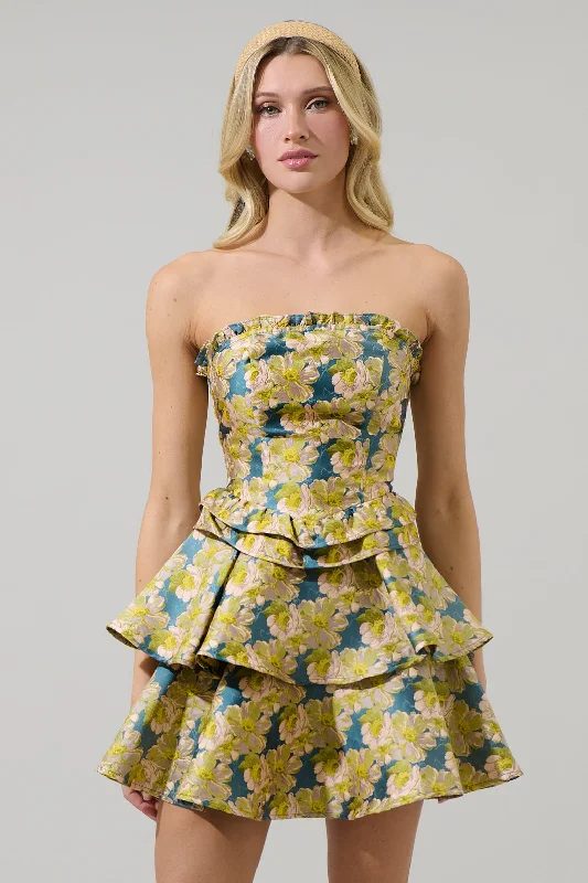 Strapless mini dresses for a beach vacation Ally Jacquard Strapless Ruffle Dress