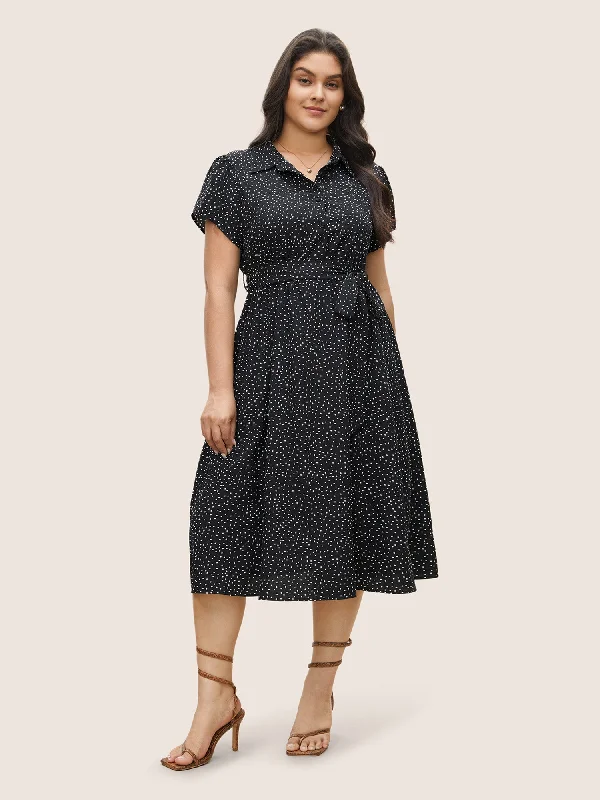 High - low midi dresses with geometric patterns for a modern party Polka Dot Shirt Collar Pocket Button Up Dress High - low midi dresses with geometric patterns for a modern party Polka Dot Shirt Collar Pocket Button Up Dress