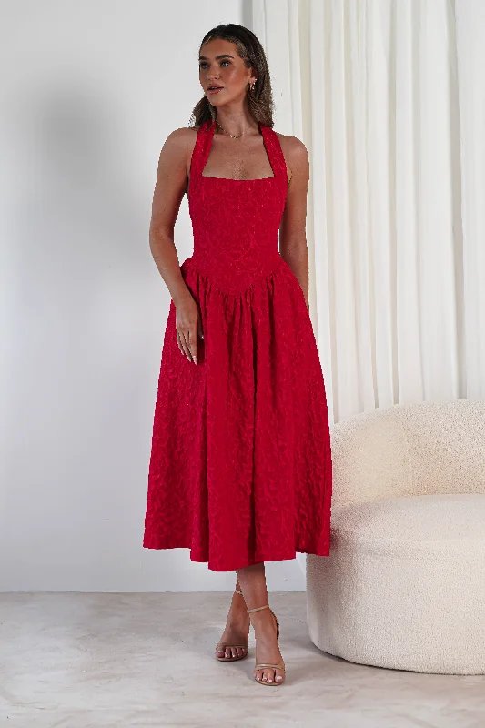 Midi dresses with mesh inserts for a trendy and breathable option Margot Textured Midaxi Dress | Red Midi dresses with mesh inserts for a trendy and breathable option Margot Textured Midaxi Dress | Red