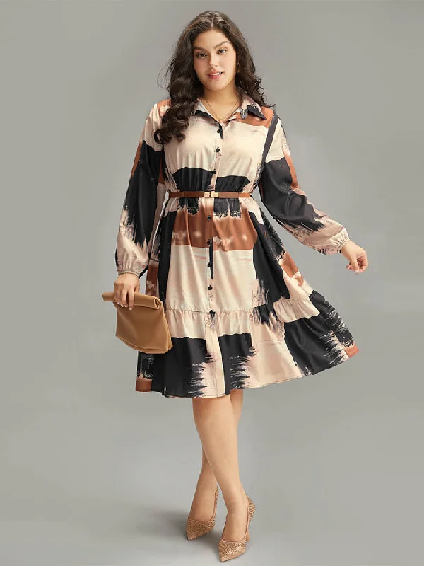 Velvet midi dresses in jewel tones for a glamorous winter event Brush Print Contrast Elastic Waist Button Through Dress