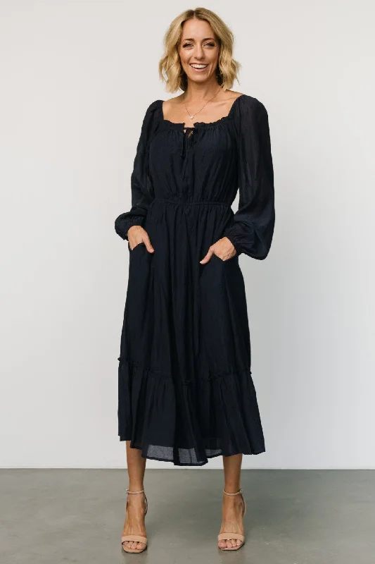 Midi dresses with ruffled bodices for a more pronounced feminine look Joelle Midi Dress | Navy Midi dresses with ruffled bodices for a more pronounced feminine look Joelle Midi Dress | Navy