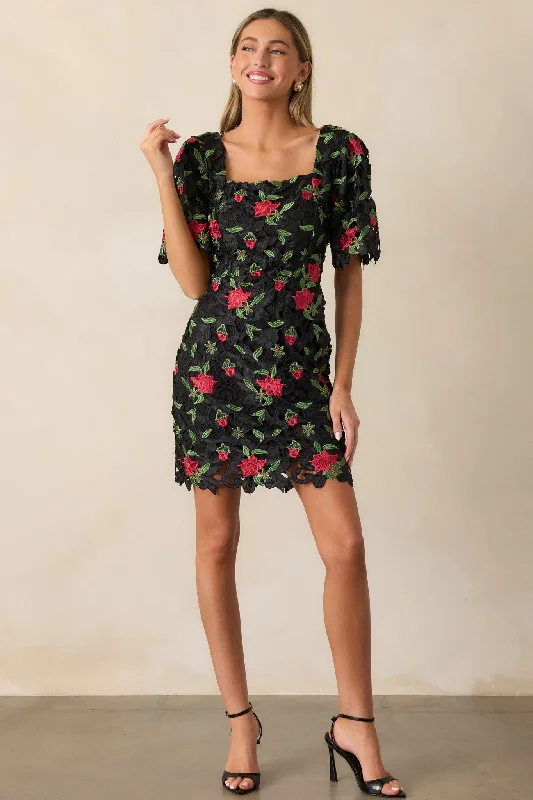 Mini dresses with cut - out details for a trendy look Rosebud Dreams Black Lace Embroidered Mini Dress Mini dresses with cut - out details for a trendy look Rosebud Dreams Black Lace Embroidered Mini Dress