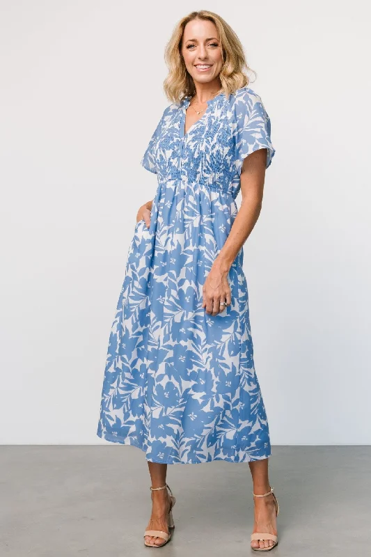 Midi dresses with ruffled hems for a romantic date night Annise Midi Dress | Blue Floral Midi dresses with ruffled hems for a romantic date night Annise Midi Dress | Blue Floral