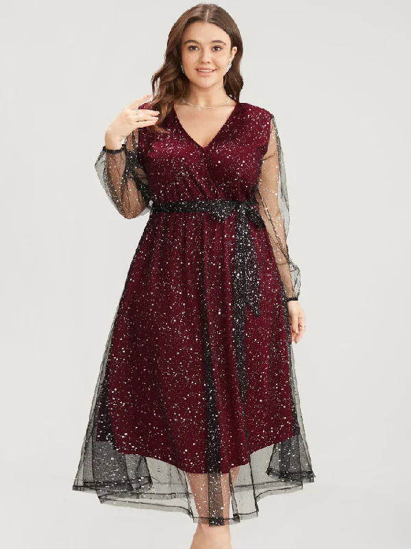 Midi dresses with tassel accents for a bohemian and free - spirited style Polka Dot Lantern Sleeve Surplice Neck Mesh Belted Dress Midi dresses with tassel accents for a bohemian and free - spirited style Polka Dot Lantern Sleeve Surplice Neck Mesh Belted Dress