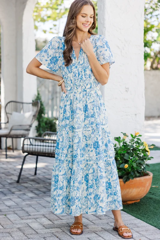Midi dresses with off - the - shoulder necklines for a flirty look It's In The Air Blue Toile Tiered Midi Dress Midi dresses with off - the - shoulder necklines for a flirty look It's In The Air Blue Toile Tiered Midi Dress