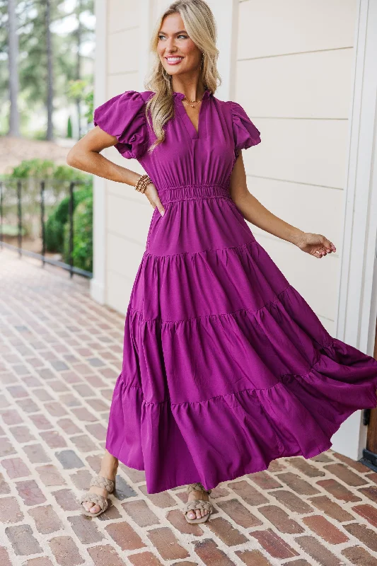 Midi dresses with metallic threads for a glamorous evening event Coming Back For You Plum Purple Tiered Midi Dress Midi dresses with metallic threads for a glamorous evening event Coming Back For You Plum Purple Tiered Midi Dress