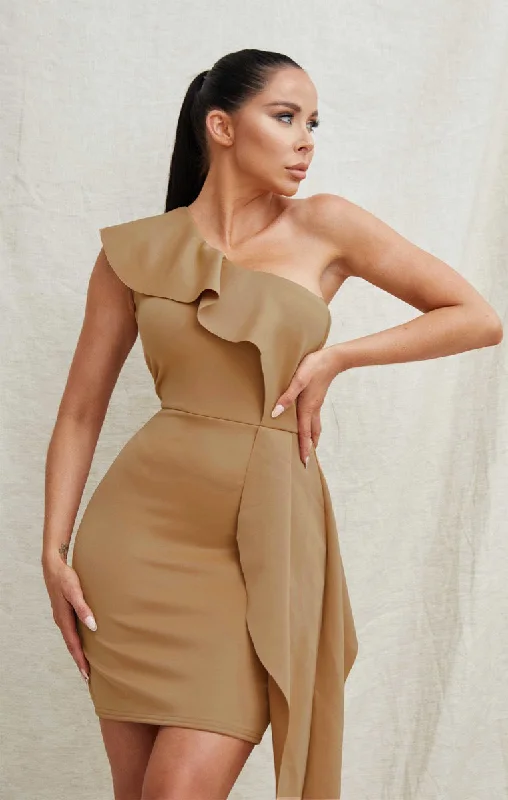 Mini dresses with empire waists for a flattering fit Mocha One Shoulder Bodycon Mini Dress - Livia Mini dresses with empire waists for a flattering fit Mocha One Shoulder Bodycon Mini Dress - Livia