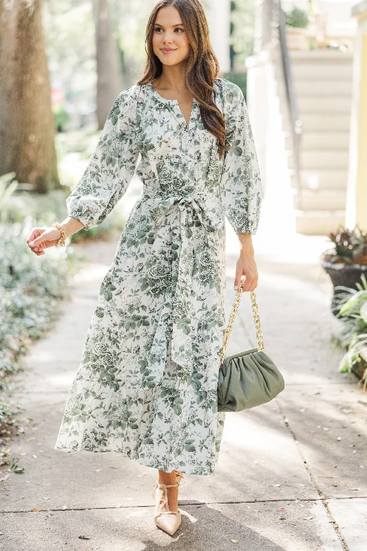Midi dresses with ruffled hems for a romantic date night Good Intentions Olive Green Toile Midi Dress Midi dresses with ruffled hems for a romantic date night Good Intentions Olive Green Toile Midi Dress