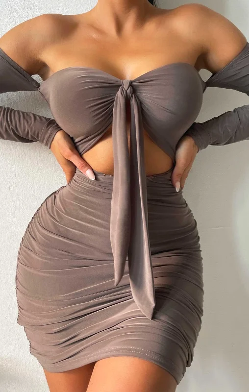 Sequined mini dresses for New Year's Eve Mocha Slinky Ruched Bardot Long Sleeve Cut Out Tie Front Bodycon Mini Dress - Zion Sequined mini dresses for New Year's Eve Mocha Slinky Ruched Bardot Long Sleeve Cut Out Tie Front Bodycon Mini Dress - Zion
