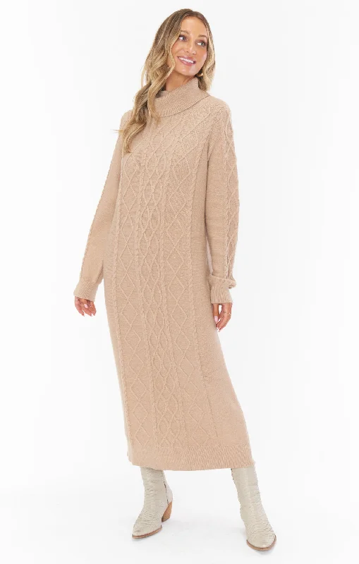 Midi dresses with side slits for a sexy and elegant appearance Montreal Midi Dress ~ Taupe Cable Knit Midi dresses with side slits for a sexy and elegant appearance Montreal Midi Dress ~ Taupe Cable Knit
