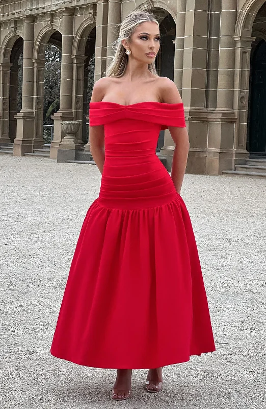 Midi dresses with tiered skirts for a bohemian festival look Wilhelmina Midaxi Dress - Red