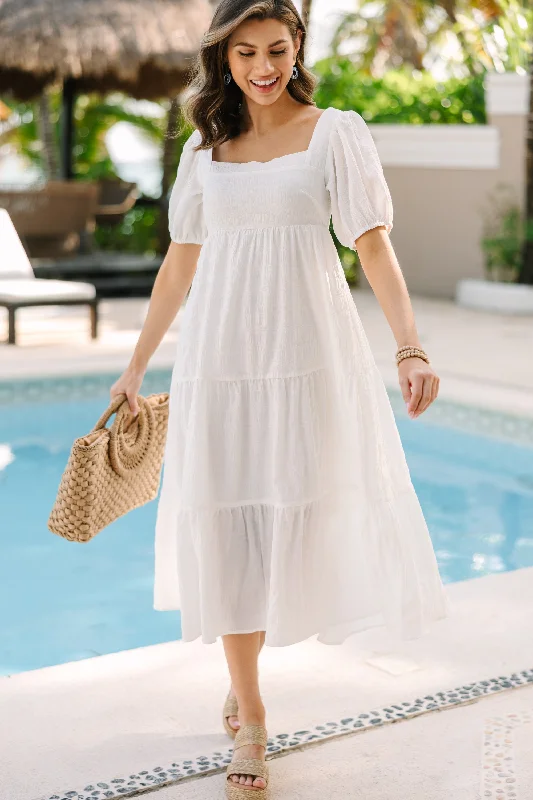Midi dresses with gathered skirts for a full and flowing silhouette Think About It White Midi Dress Midi dresses with gathered skirts for a full and flowing silhouette Think About It White Midi Dress