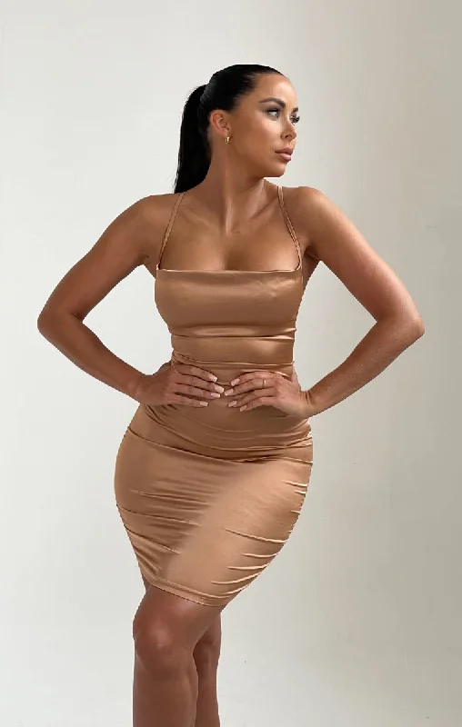 Mini dresses with button - down fronts Camel Satin Lace Up Back Strappy Bodycon Mini Dress - Clary Mini dresses with button - down fronts Camel Satin Lace Up Back Strappy Bodycon Mini Dress - Clary
