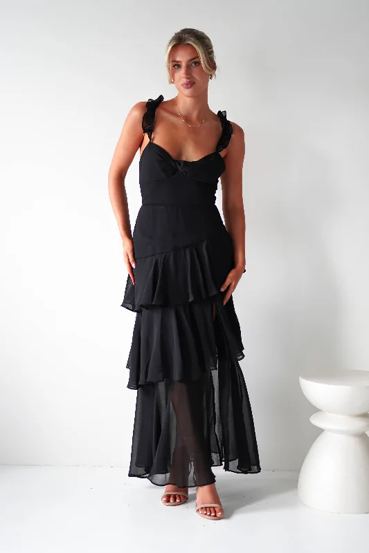 Midi dresses with cold - shoulder cutouts for a trendy style Victoria Ruffle Midaxi Dress | Black Midi dresses with cold - shoulder cutouts for a trendy style Victoria Ruffle Midaxi Dress | Black