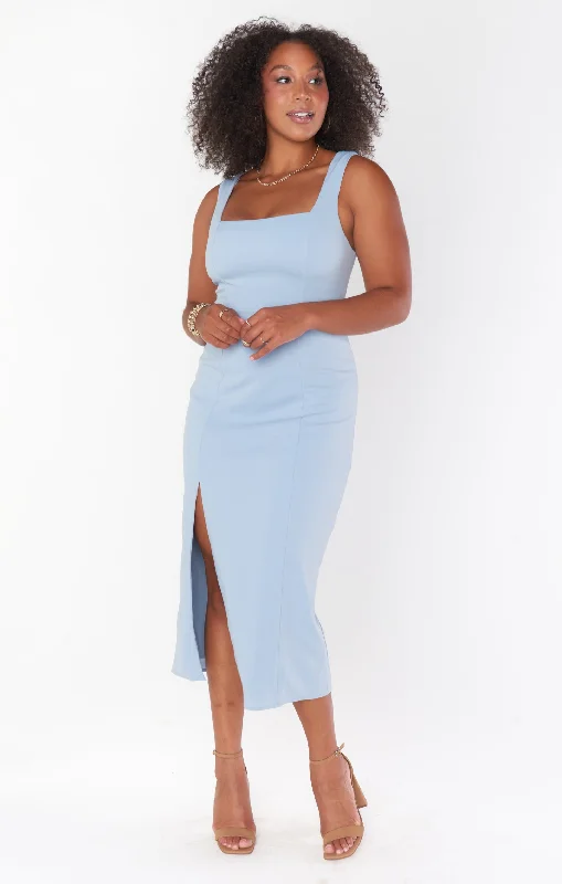Midi dresses with embroidered accents for a unique and detailed design Eden Midi Dress ~ Steel Blue Stretch Midi dresses with embroidered accents for a unique and detailed design Eden Midi Dress ~ Steel Blue Stretch