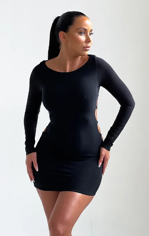 Mini dresses with abstract prints for an artistic look Black Side Cut Out Ring Detail Mini Dress - Emma Mini dresses with abstract prints for an artistic look Black Side Cut Out Ring Detail Mini Dress - Emma