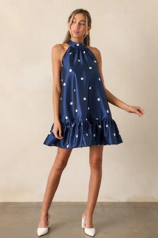 Metallic mini dresses for a glamorous event Sweet Soirée Navy Halter Polka Dot Mini Dress Metallic mini dresses for a glamorous event Sweet Soirée Navy Halter Polka Dot Mini Dress