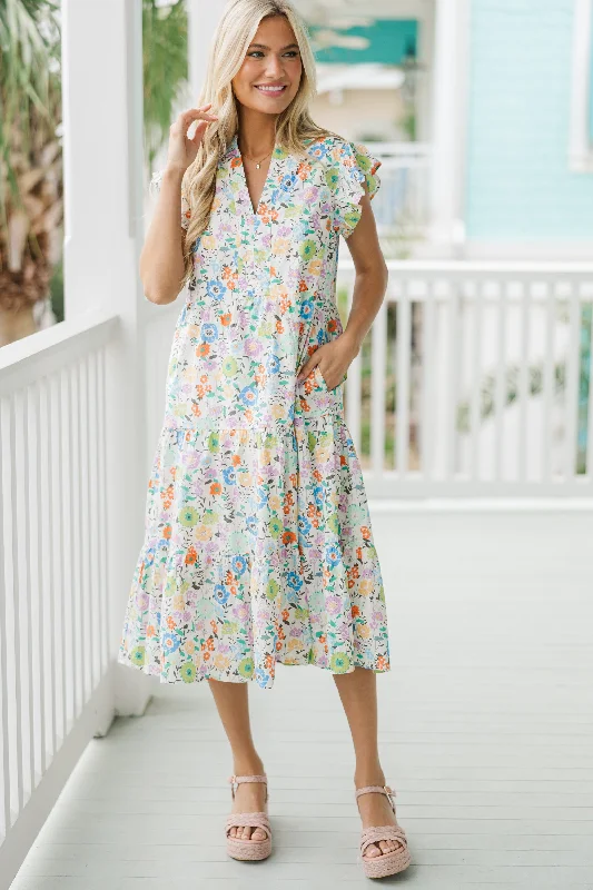 A - line midi dresses with floral prints for spring brunches Always Ready Cream White Floral Midi Dress A - line midi dresses with floral prints for spring brunches Always Ready Cream White Floral Midi Dress
