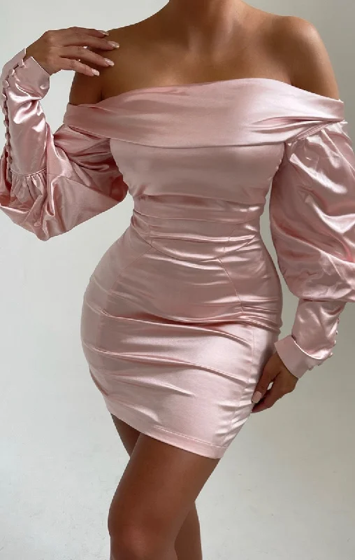Mini dresses with geometric prints for a modern aesthetic Light Pink Satin Bardot Long Puff Sleeve Bodycon Mini Dress - Tiara Mini dresses with geometric prints for a modern aesthetic Light Pink Satin Bardot Long Puff Sleeve Bodycon Mini Dress - Tiara