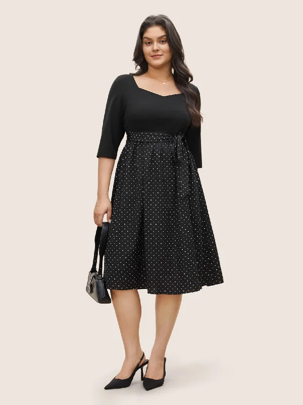 A - line midi dresses with floral prints for spring brunches Polka Dot Patchwork Belted Square Neck Dress A - line midi dresses with floral prints for spring brunches Polka Dot Patchwork Belted Square Neck Dress
