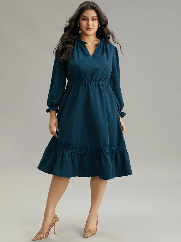 Midi dresses with button - down skirts for a unique and functional design Solid Frill Trim Guipure Lace Flutter Sleeve Dress Midi dresses with button - down skirts for a unique and functional design Solid Frill Trim Guipure Lace Flutter Sleeve Dress