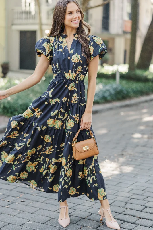 Midi dresses with cold - shoulder cutouts for a trendy style Always On My Mind Black Floral Midi Dress Midi dresses with cold - shoulder cutouts for a trendy style Always On My Mind Black Floral Midi Dress