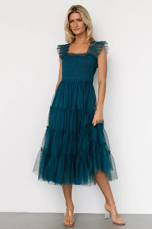 Midi dresses with ruched bodices for a feminine and fitted feel Emma Smocked Tulle Dress | Teal Midi dresses with ruched bodices for a feminine and fitted feel Emma Smocked Tulle Dress | Teal