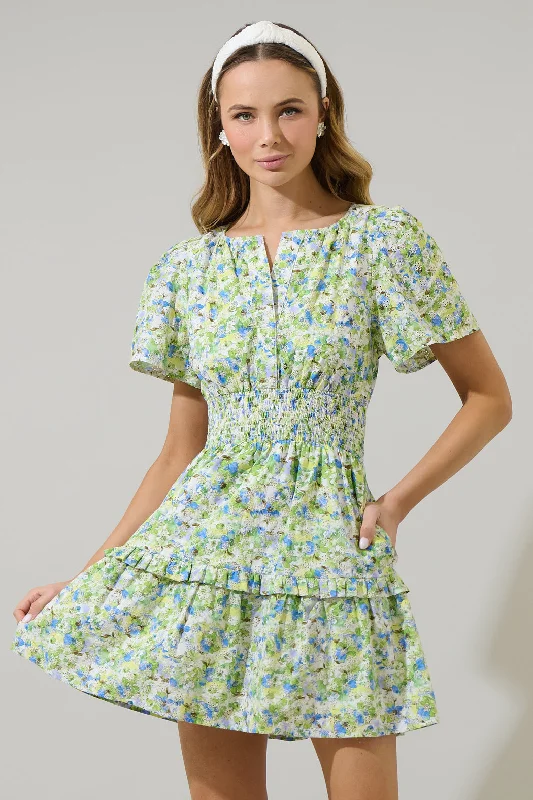 Mini dresses with pleated skirts for a classic look Aylin Eyelet Smocked Mini Dress