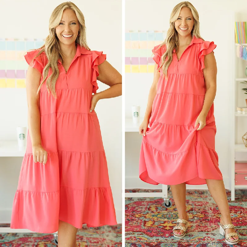 Midi dresses with puff sleeves for a vintage - inspired look Play Time Dress, Coral