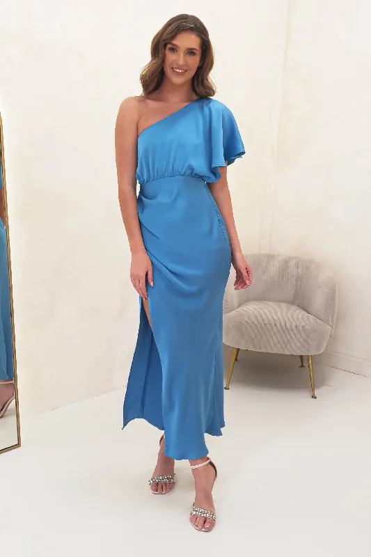 Midi dresses with gathered skirts for a full and flowing silhouette Jenna Soft Satin One Shoulder Maxi | Blue Midi dresses with gathered skirts for a full and flowing silhouette Jenna Soft Satin One Shoulder Maxi | Blue