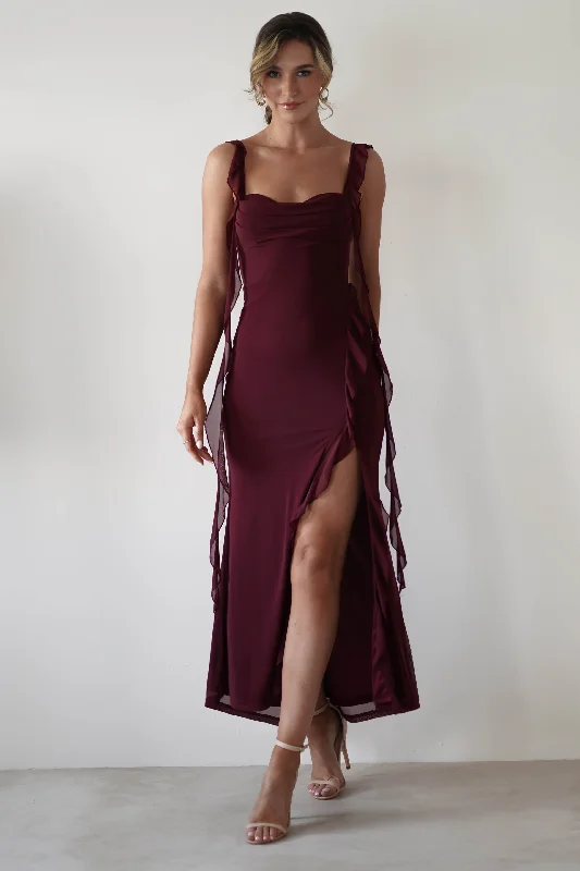 Midi dresses with button - down skirts for a unique and functional design Mhissa Ruffle Maxi Dress | Burgundy Midi dresses with button - down skirts for a unique and functional design Mhissa Ruffle Maxi Dress | Burgundy
