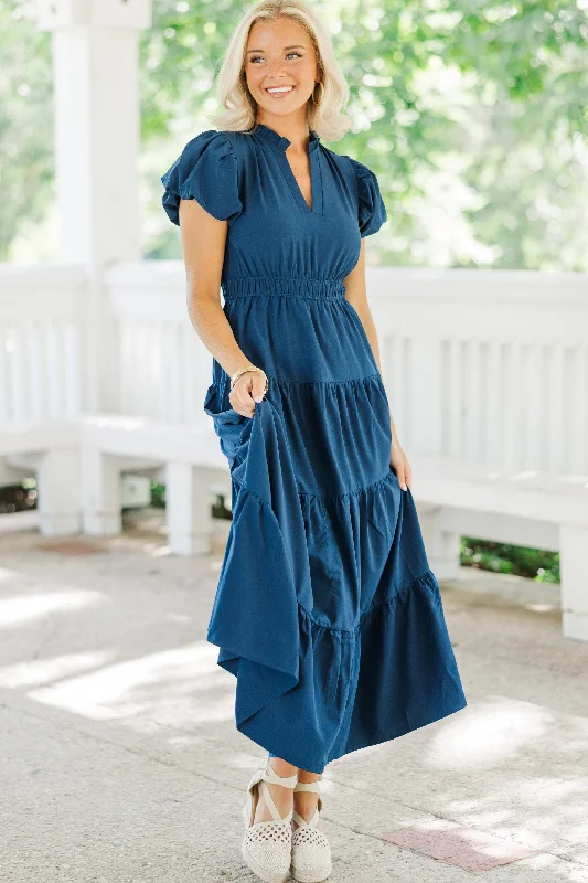 Midi dresses with puff sleeves for a vintage - inspired look Coming Back For You Navy Blue Tiered Midi Dress Midi dresses with puff sleeves for a vintage - inspired look Coming Back For You Navy Blue Tiered Midi Dress